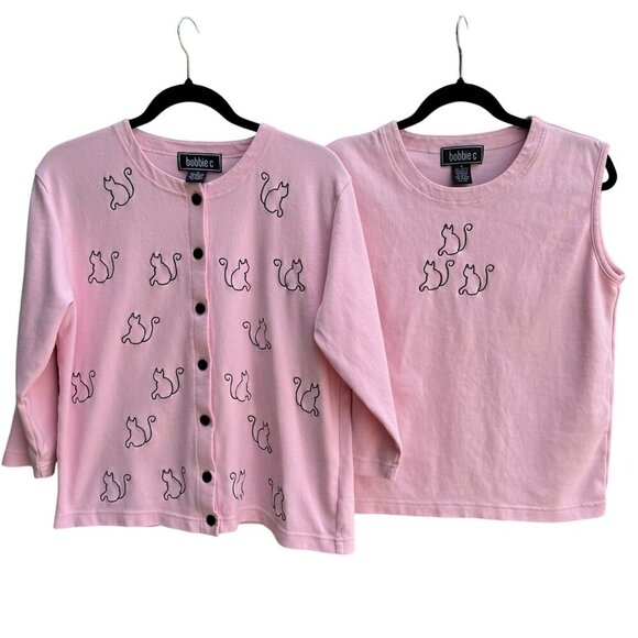 Bobbie C Womens Pink Embroidered Cat Paw Print Cotton Cardigan & Tank Set New M - Picture 1 of 10